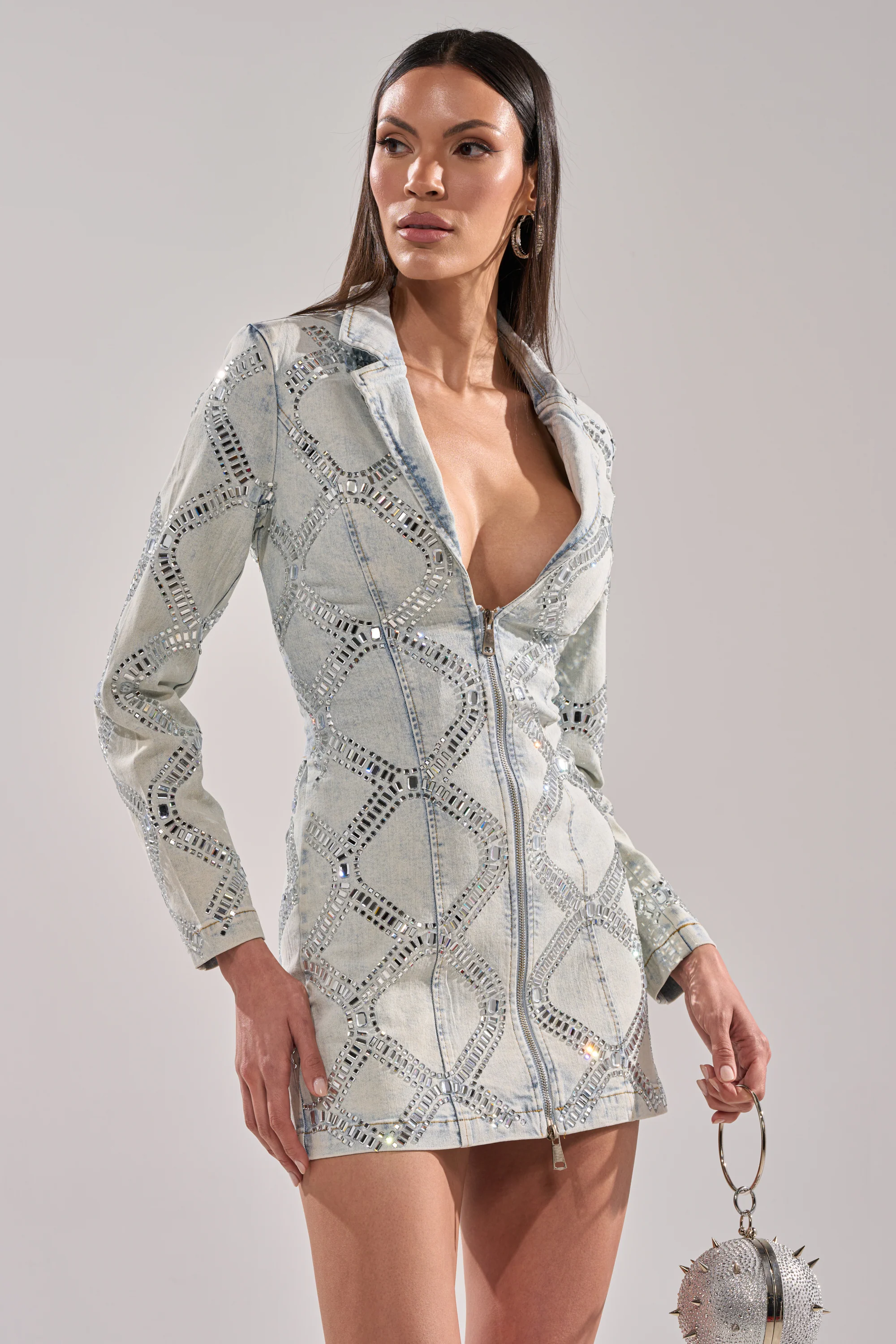 LOOK AT ME RHINESTONE BLAZER DRESS IN LIGHT BLUE DENIM - Image 3