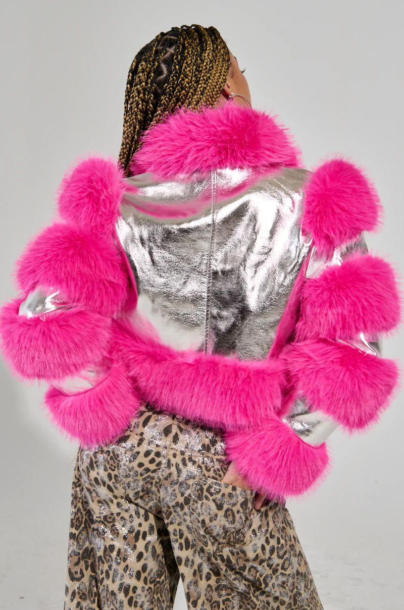 LOVERBOY FAUX FUR MOTO JACKET IN PINK - Image 5