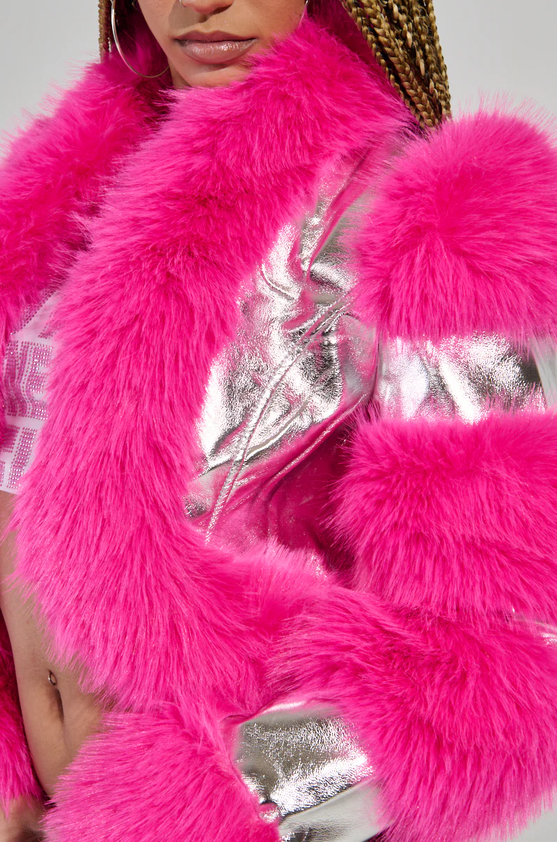 LOVERBOY FAUX FUR MOTO JACKET IN PINK - Image 8