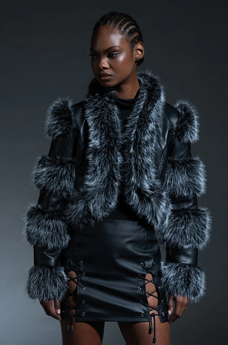 LOVERBOY FAUX FUR MOTO JACKET IN BLACK