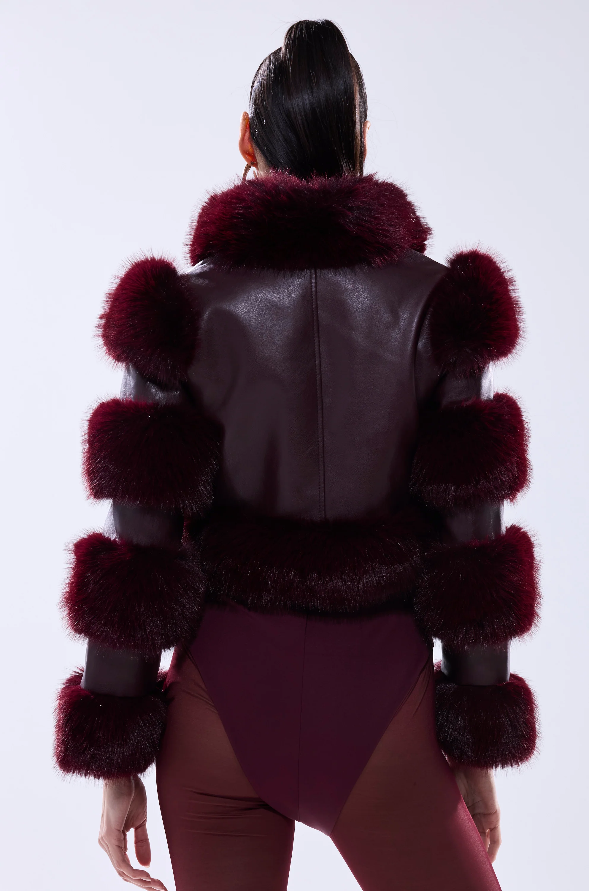 LOVERBOY FAUX FUR MOTO JACKET IN BURGUNDY - Image 8