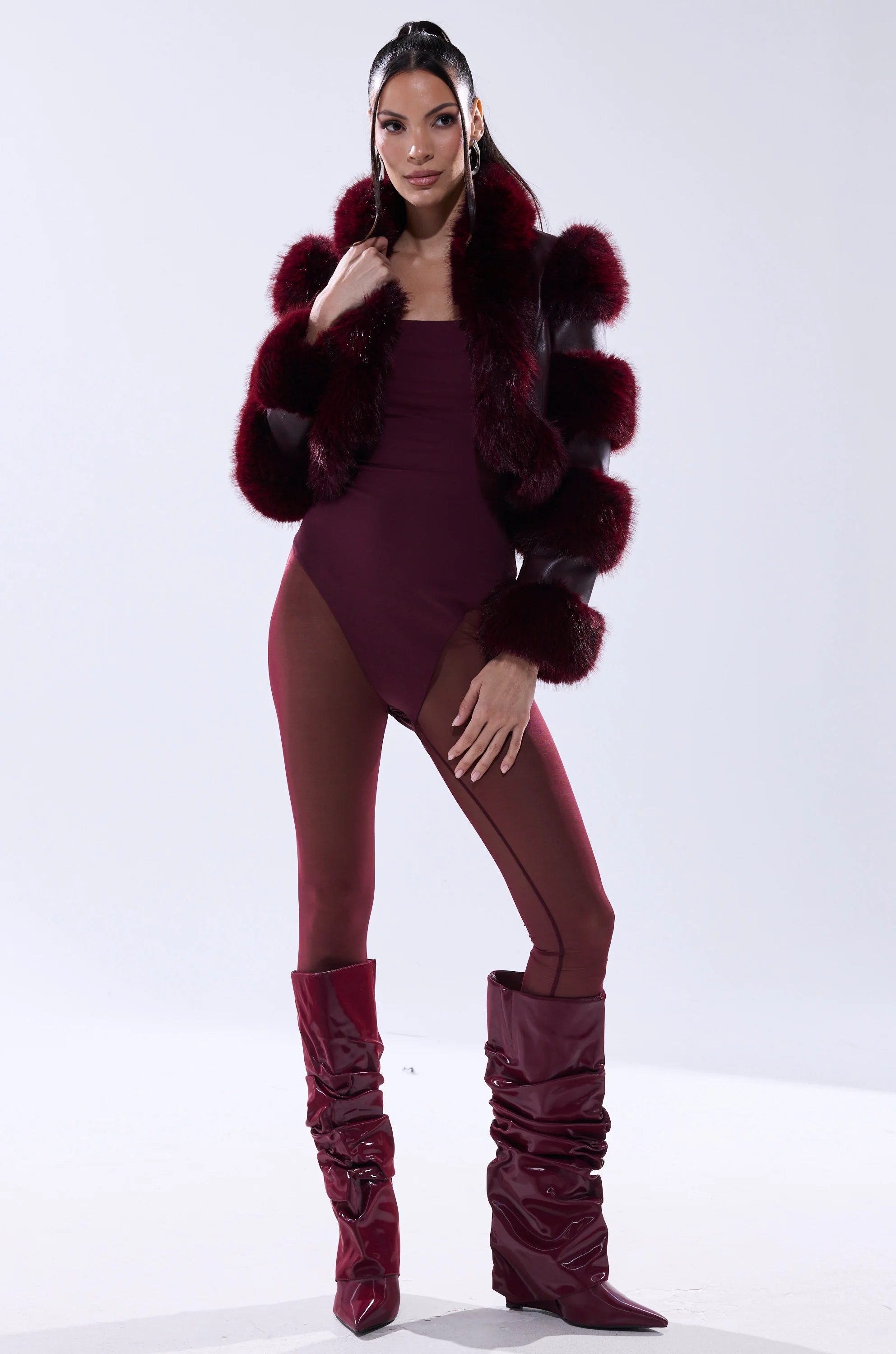 LOVERBOY FAUX FUR MOTO JACKET IN BURGUNDY - Image 9