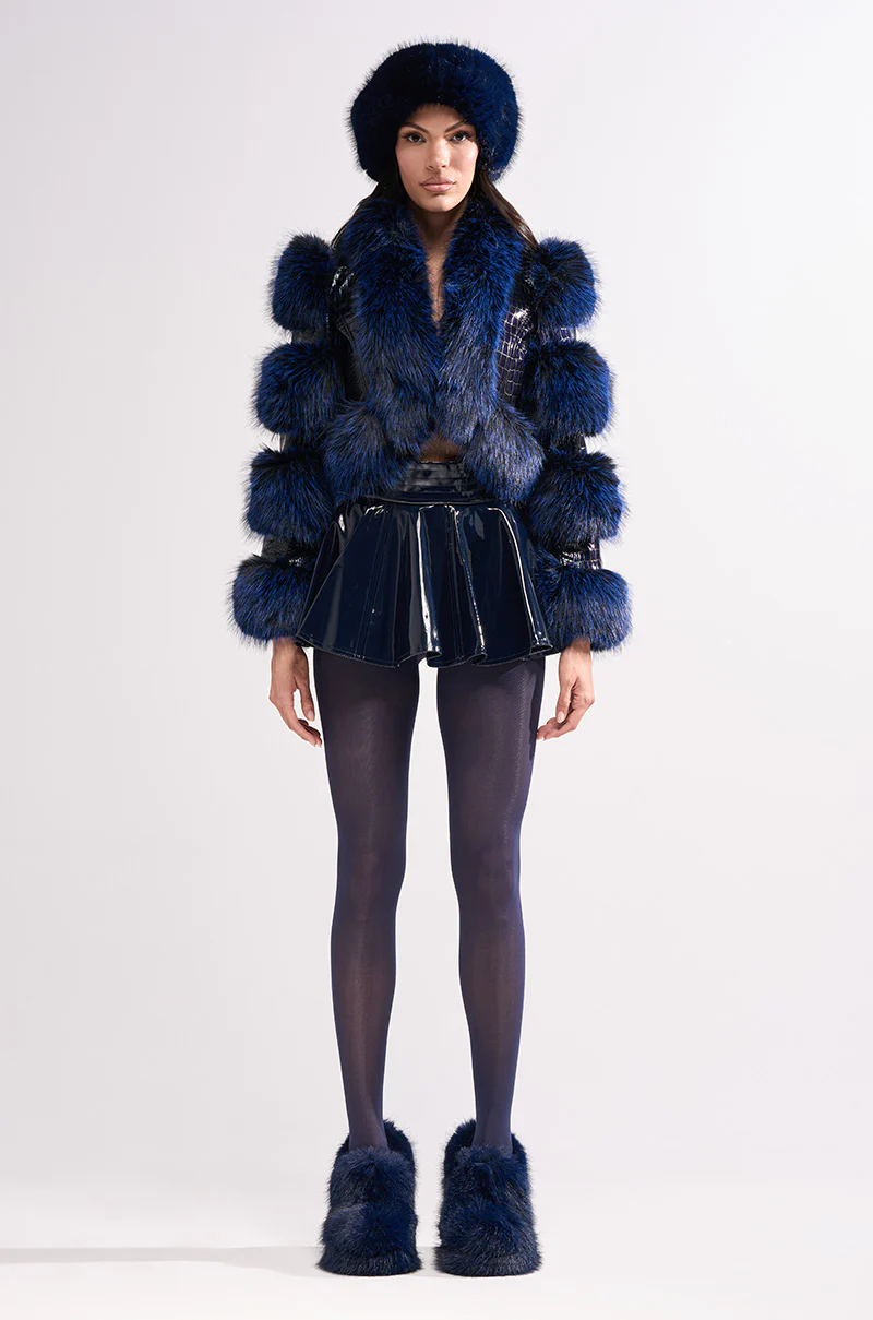 LOVERBOY FUR TRIM MOTO IN NAVY CROC - Image 3
