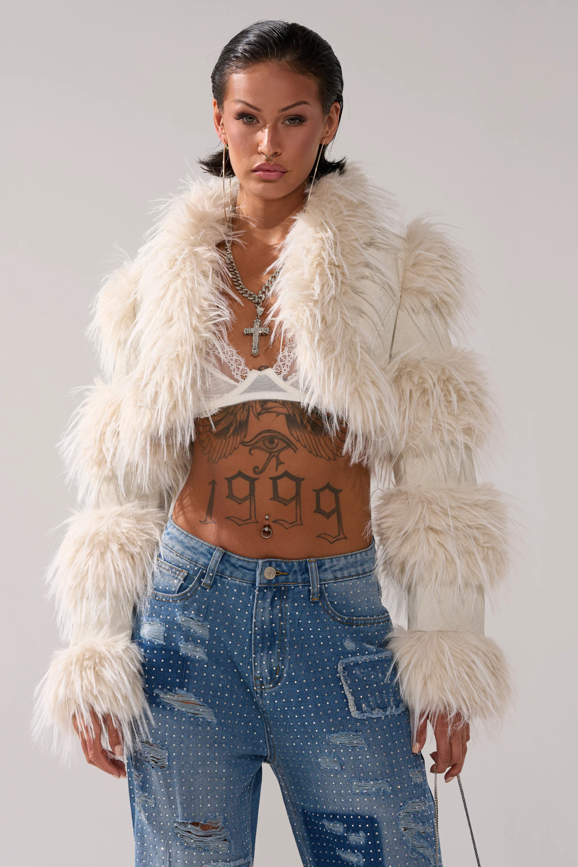 LOVERGIRL ULTRA CROP FUR TRIM MOTO IN IVORY - Image 3