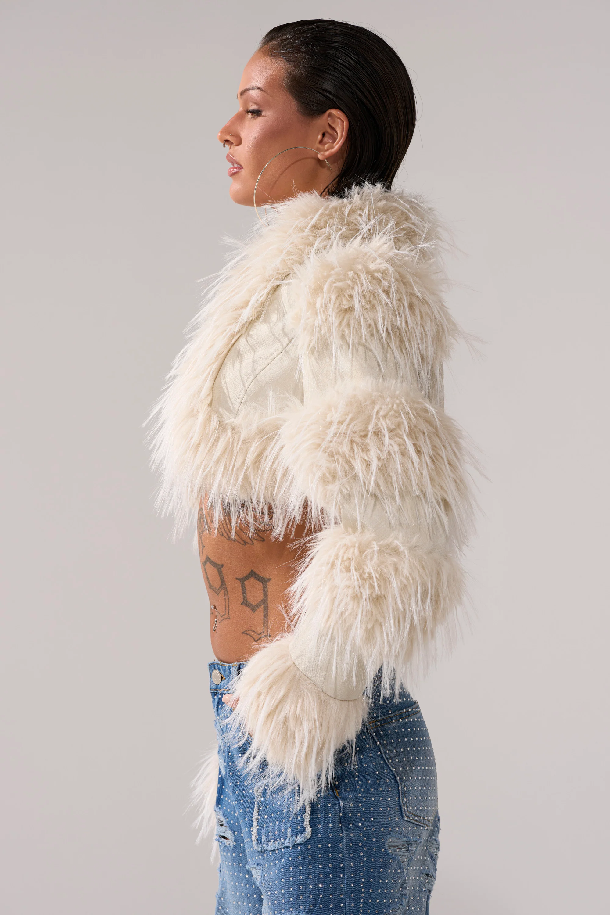 LOVERGIRL ULTRA CROP FUR TRIM MOTO IN IVORY - Image 4
