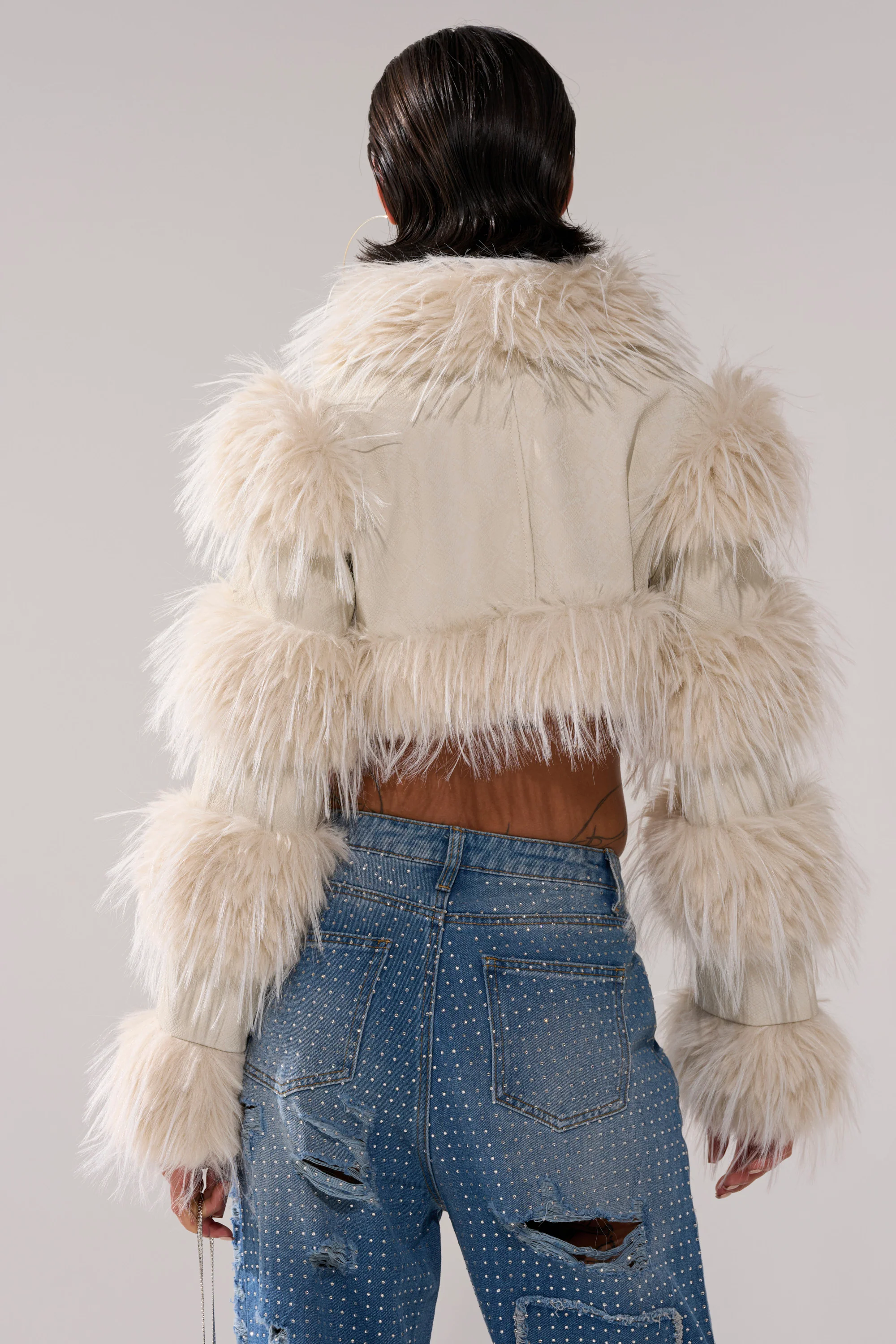 LOVERGIRL ULTRA CROP FUR TRIM MOTO IN IVORY - Image 5