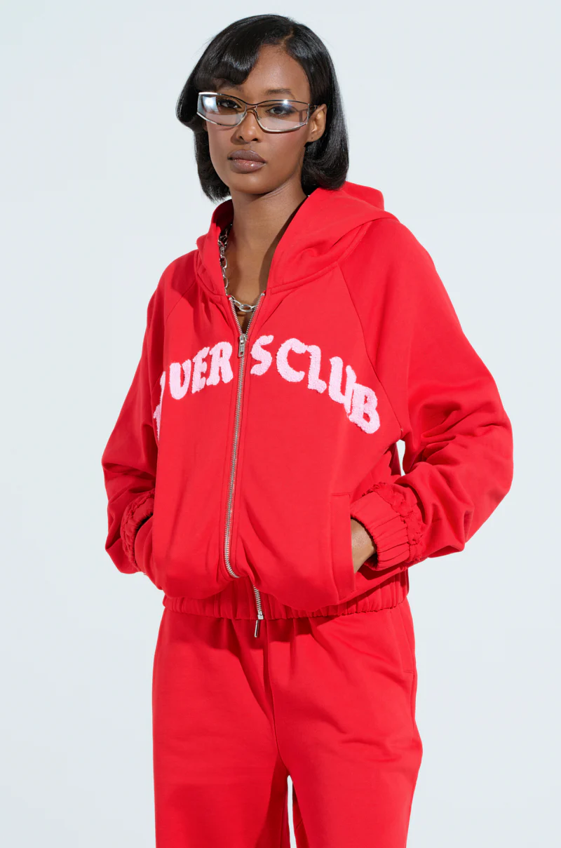 LOVERS CLUB ZIP UP HOODIE IN RED - Image 2
