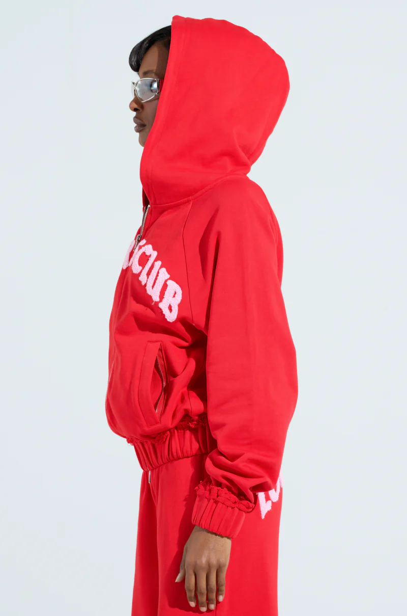 LOVERS CLUB ZIP UP HOODIE IN RED - Image 3