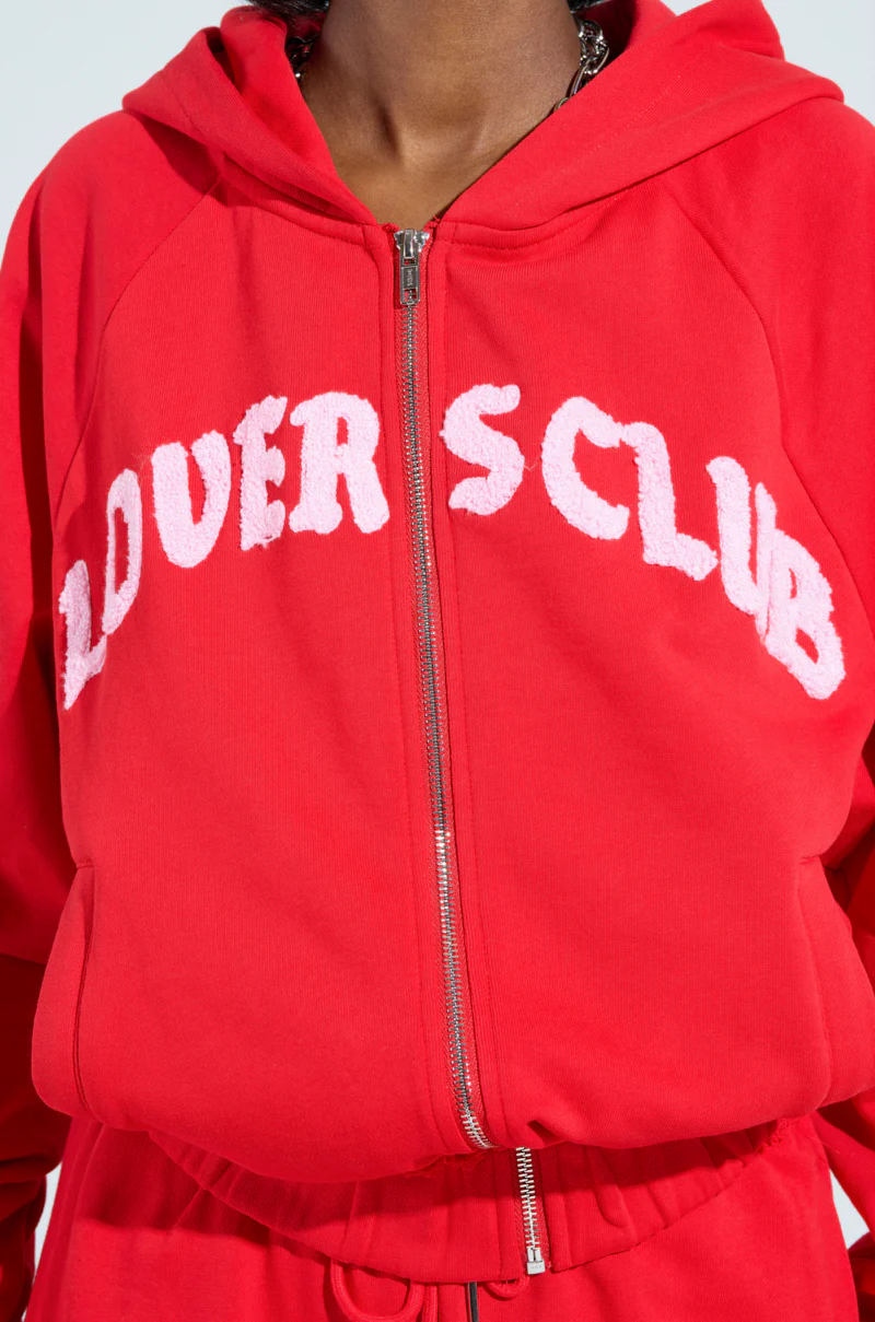 LOVERS CLUB ZIP UP HOODIE IN RED - Image 7