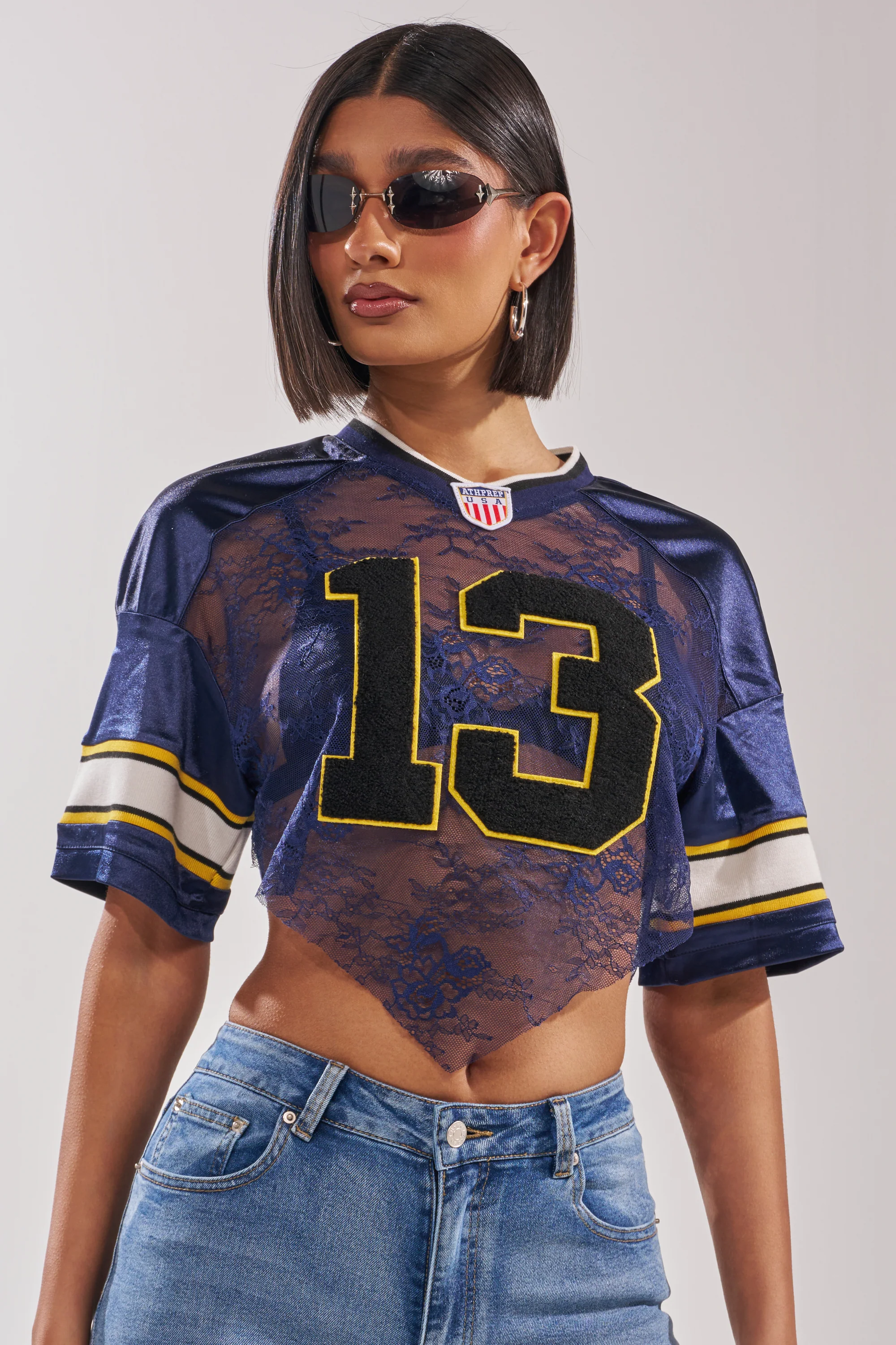 LUCKY LACE JERSEY TOP IN NAVY