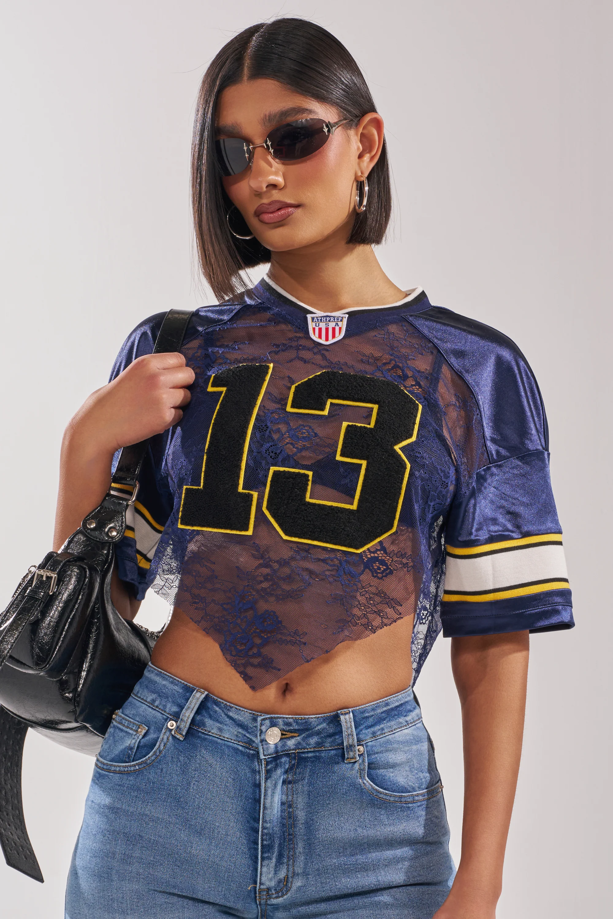LUCKY LACE JERSEY TOP IN NAVY - Image 3