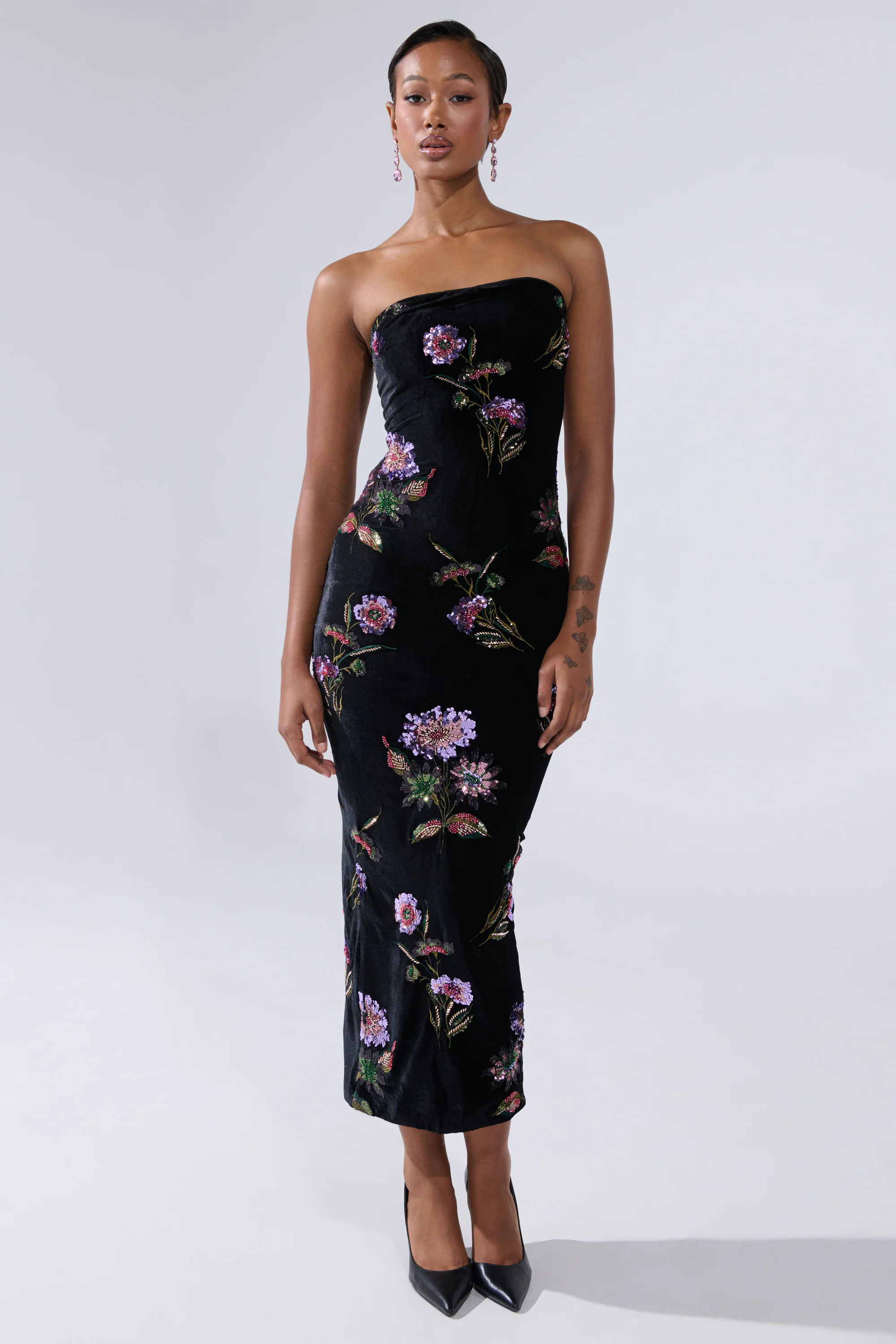 LUNA BEADED FLORAL VELVET MIDI DRESS - Image 4