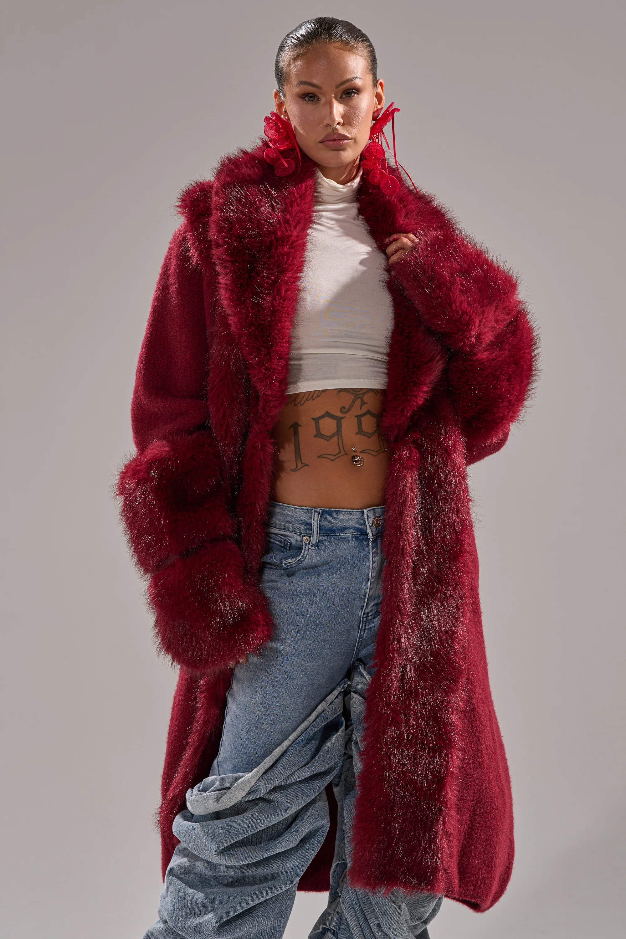 LUXE LIFE FUR CARDIGAN IN BURGUNDY - Image 2