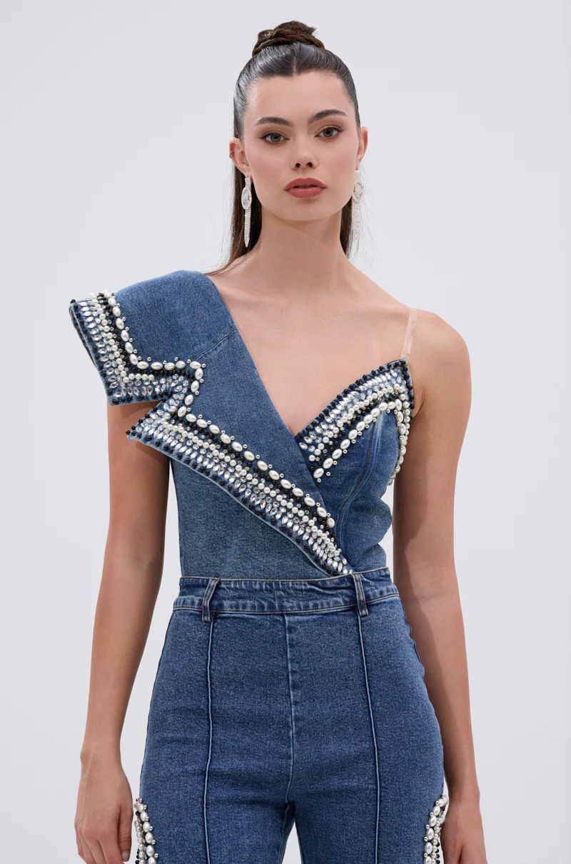LUXURIOUS DENIM ASYMMETRICAL PEARL BODYSUIT - Image 2