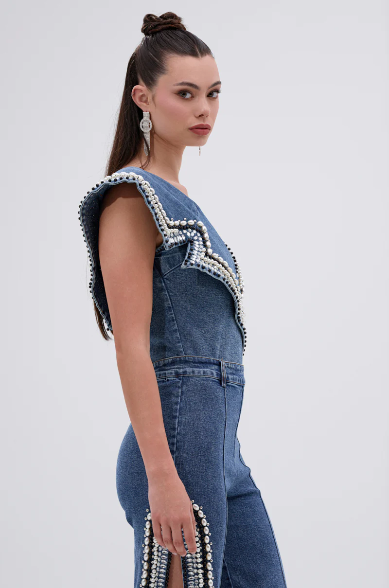 LUXURIOUS DENIM ASYMMETRICAL PEARL BODYSUIT - Image 3