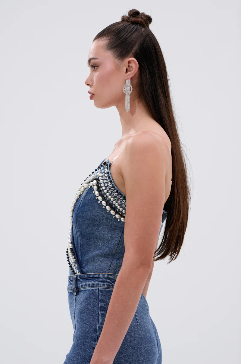 LUXURIOUS DENIM ASYMMETRICAL PEARL BODYSUIT - Image 4