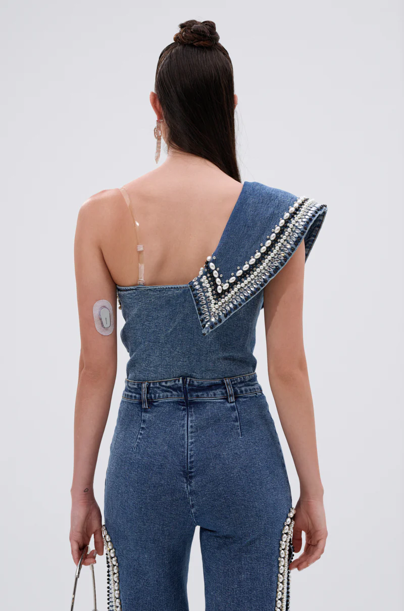 LUXURIOUS DENIM ASYMMETRICAL PEARL BODYSUIT - Image 5