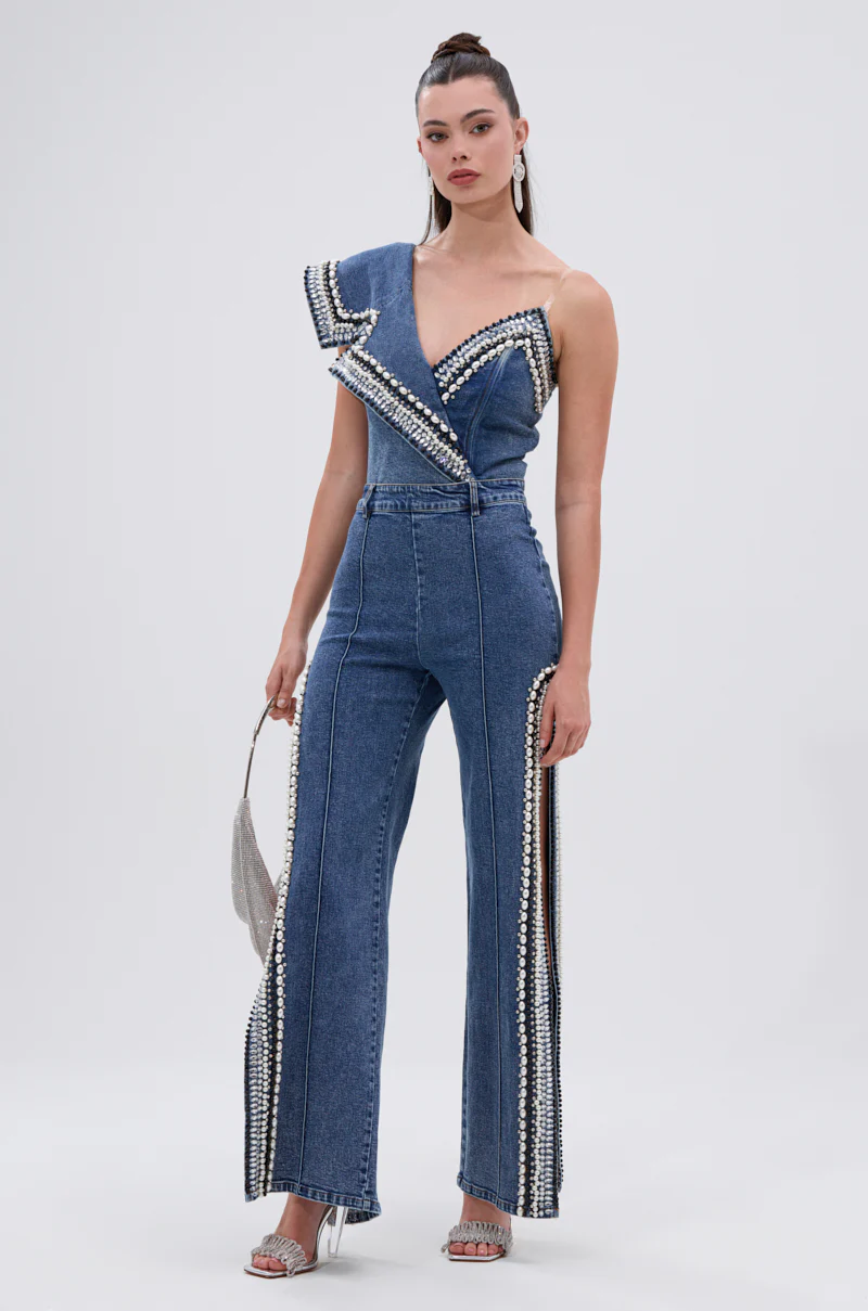 LUXURIOUS DENIM ASYMMETRICAL PEARL BODYSUIT - Image 6
