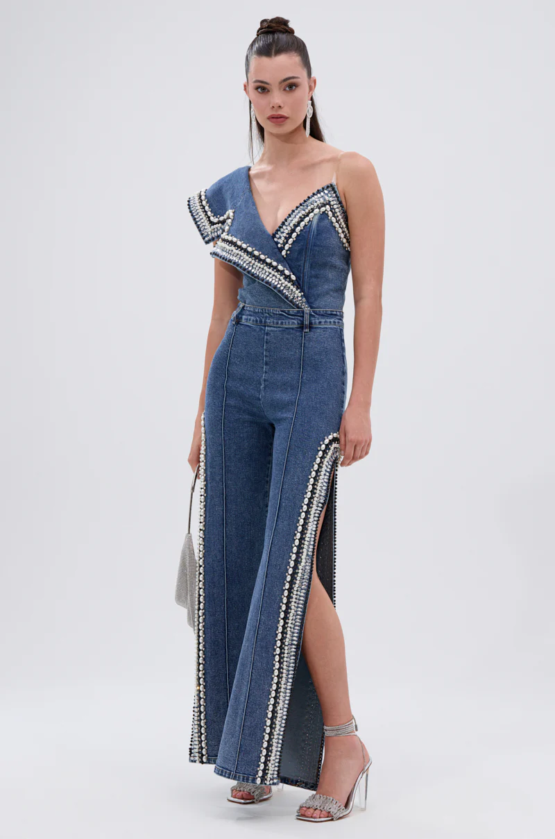LUXURIOUS DENIM ASYMMETRICAL PEARL BODYSUIT - Image 7