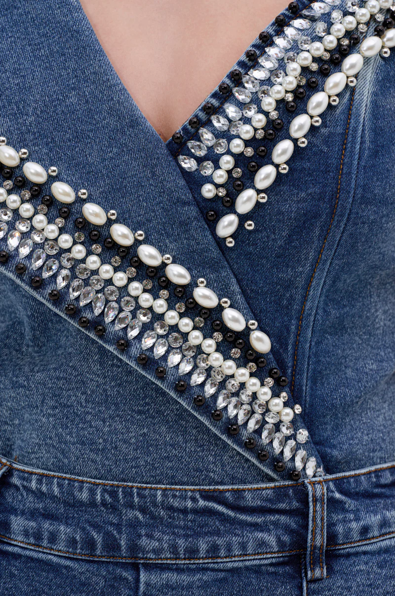 LUXURIOUS DENIM ASYMMETRICAL PEARL BODYSUIT - Image 8