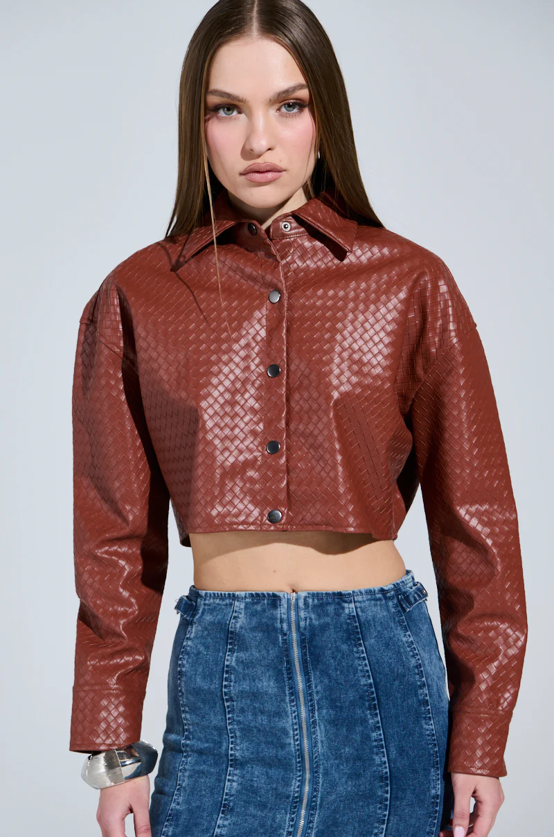LUXURY GIRL WOVEN PU CROPPED BUTTON UP SHIRT - Image 2
