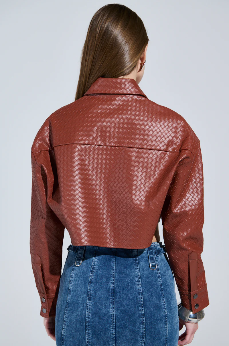 LUXURY GIRL WOVEN PU CROPPED BUTTON UP SHIRT - Image 4