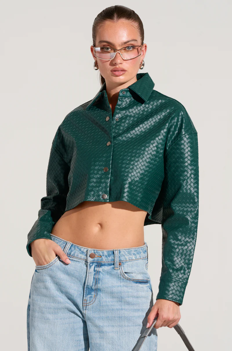 LUXURY GIRL WOVEN PU CROPPED SHIRT IN GREEN - Image 2