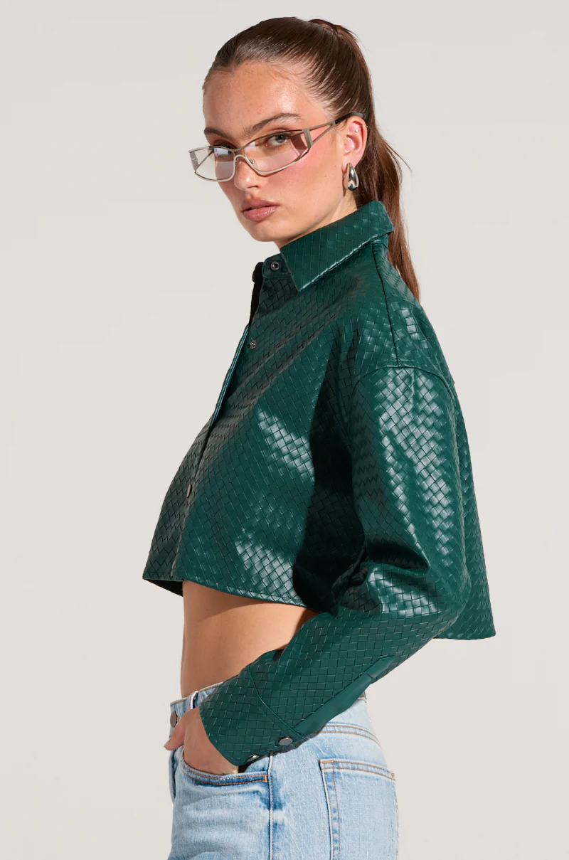 LUXURY GIRL WOVEN PU CROPPED SHIRT IN GREEN - Image 4