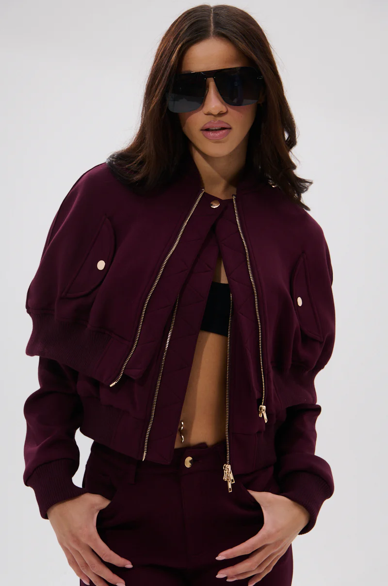 LYNX LAYERED BOMBER JACKET IN BURGUNDY - Image 5