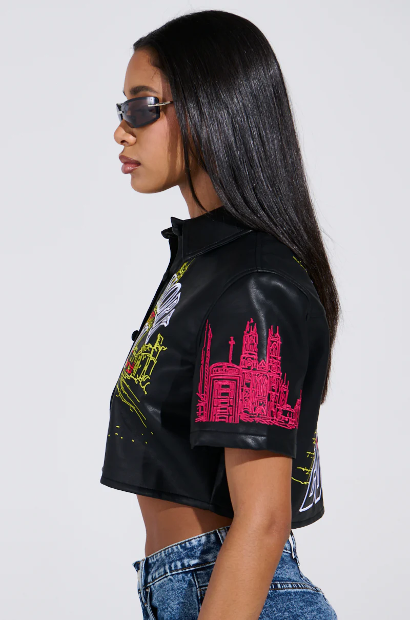 MAD CITY FAUX LEATHER SHORT SLEEVE BUTTON DOWN SHIRT - Image 4