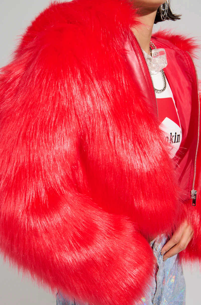 MAEVE HOODED RED FAUX FUR BOMBER - Image 11
