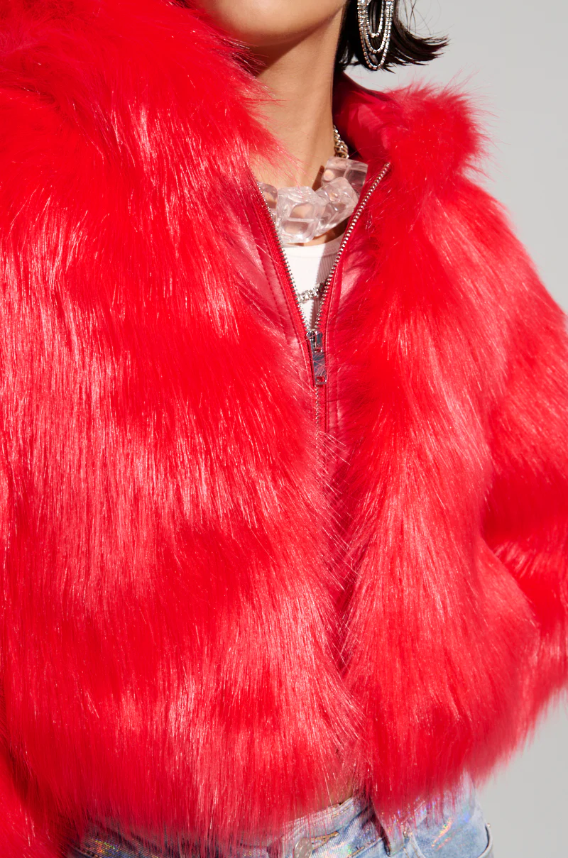 MAEVE HOODED RED FAUX FUR BOMBER - Image 12