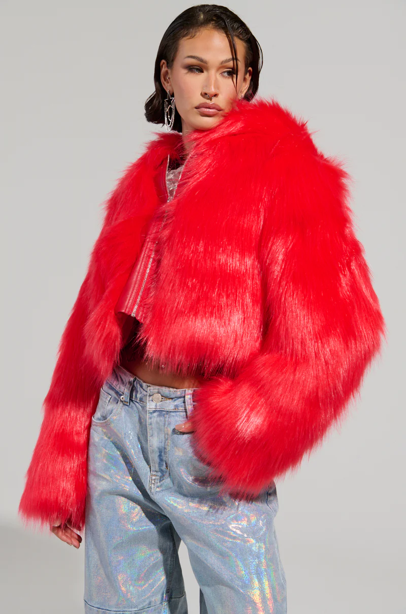 MAEVE HOODED RED FAUX FUR BOMBER - Image 2