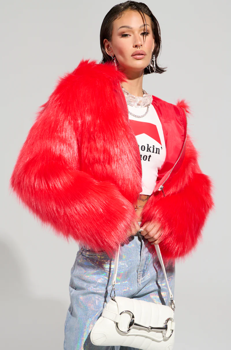 MAEVE HOODED RED FAUX FUR BOMBER - Image 3