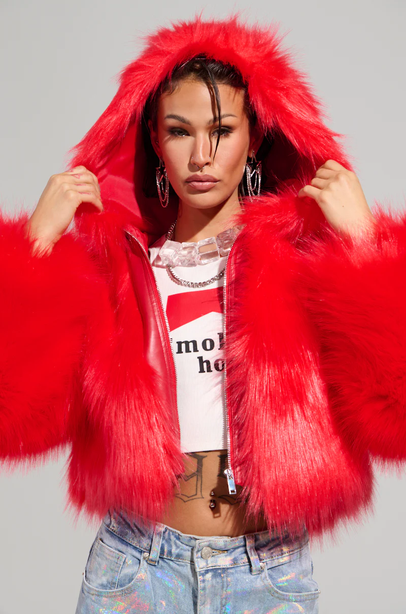 MAEVE HOODED RED FAUX FUR BOMBER - Image 4