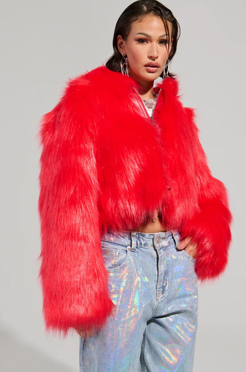 MAEVE HOODED RED FAUX FUR BOMBER - Image 5