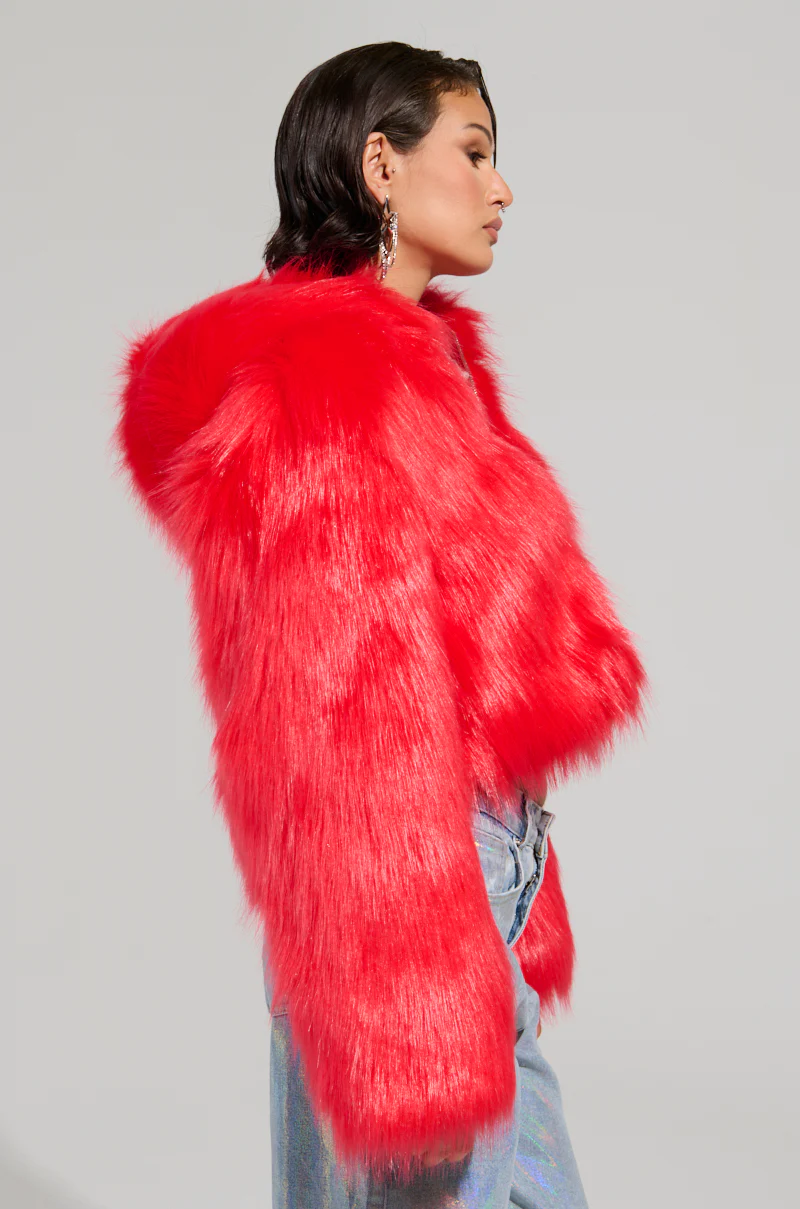 MAEVE HOODED RED FAUX FUR BOMBER - Image 6