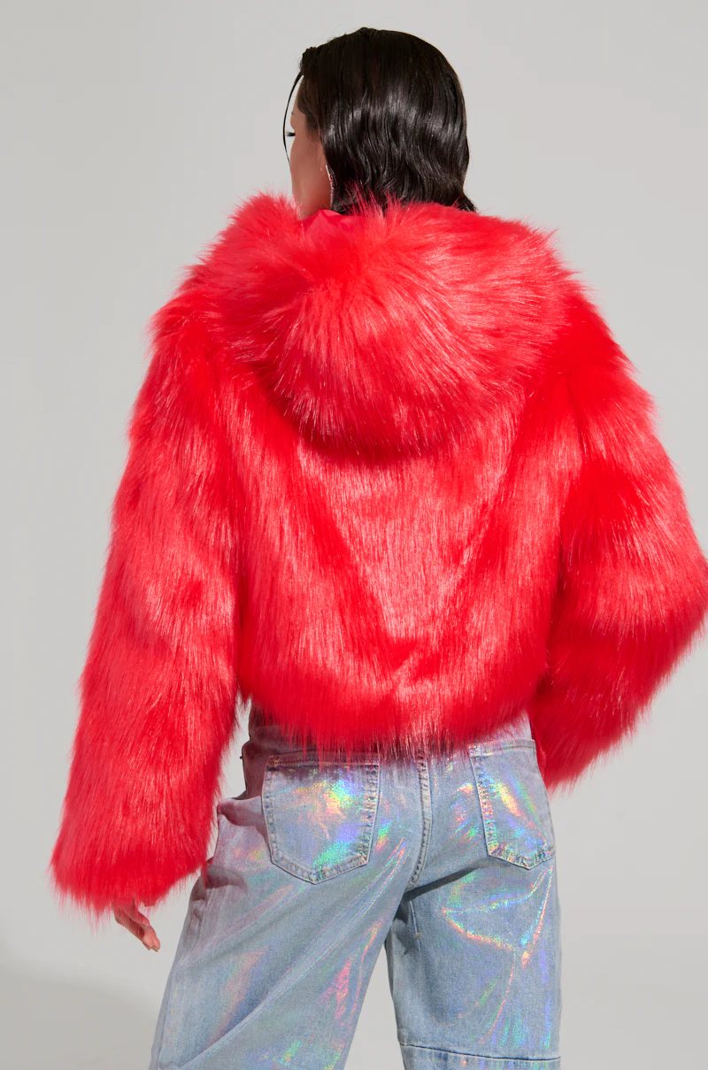 MAEVE HOODED RED FAUX FUR BOMBER - Image 7