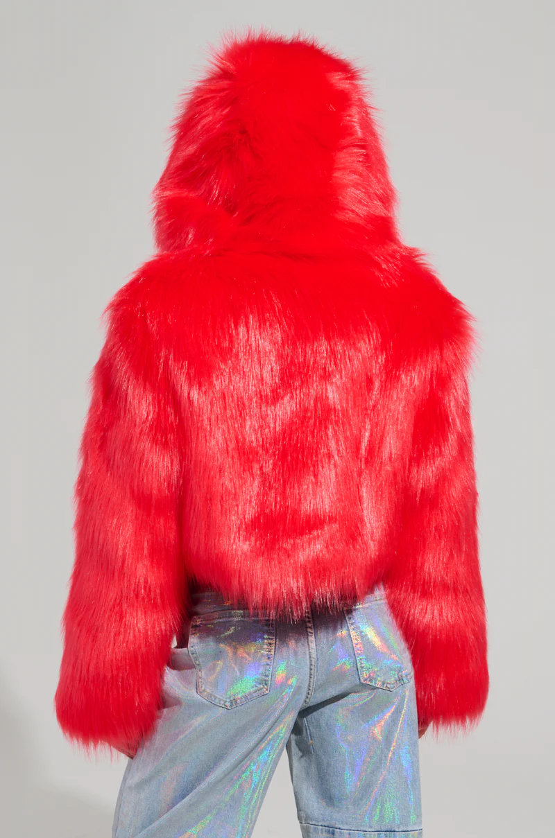 MAEVE HOODED RED FAUX FUR BOMBER - Image 8