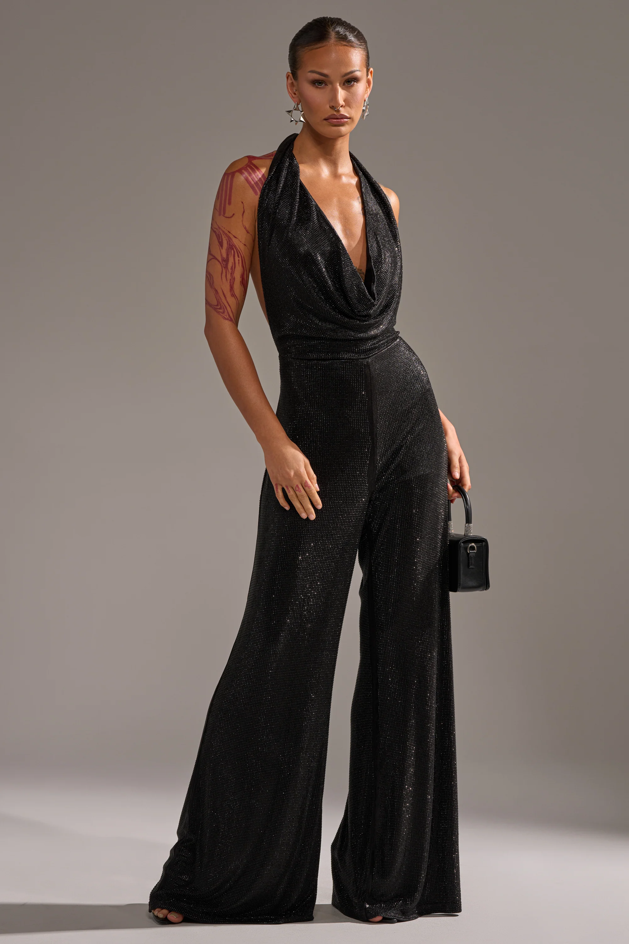 MAKE YOU DO A DOUBLE TAKE RHINESTONE JUMPSUIT IN BLACK