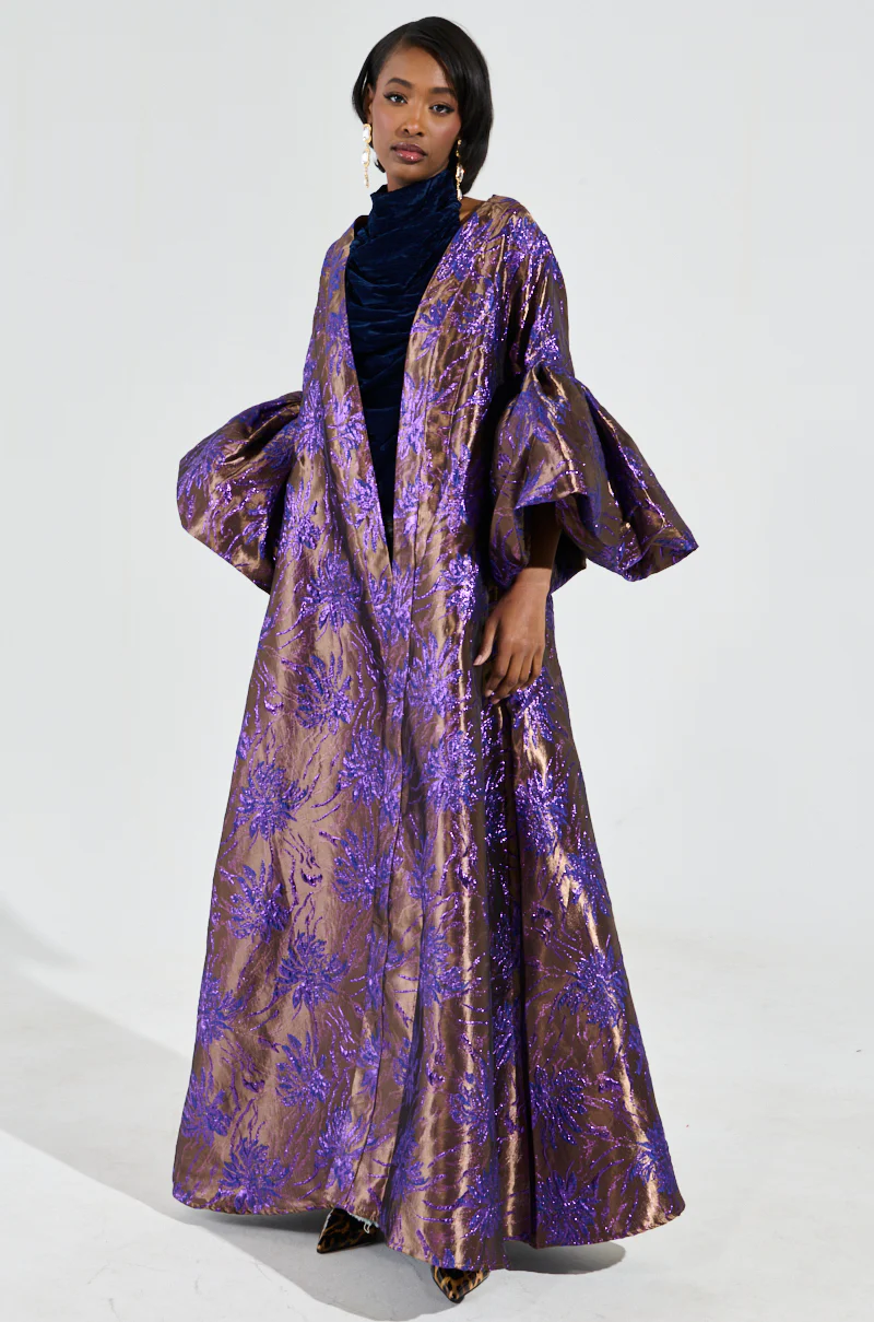 MALDIVES BROCADE PUFF SLEEVE DUSTER IN PURPLE - Image 2