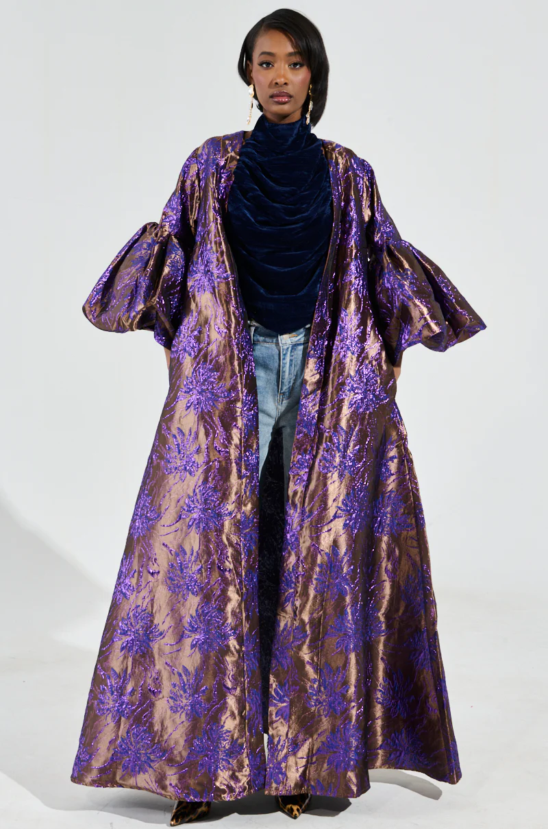 MALDIVES BROCADE PUFF SLEEVE DUSTER IN PURPLE - Image 3