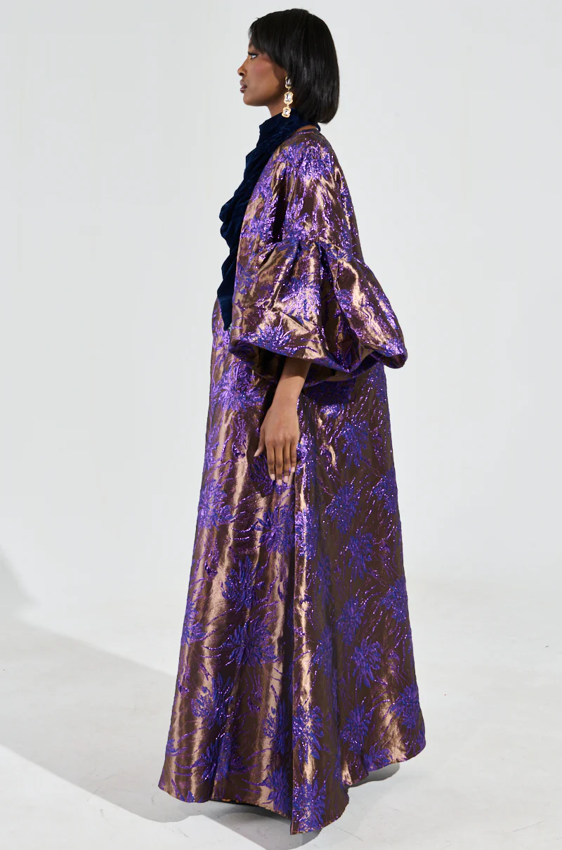 MALDIVES BROCADE PUFF SLEEVE DUSTER IN PURPLE - Image 4