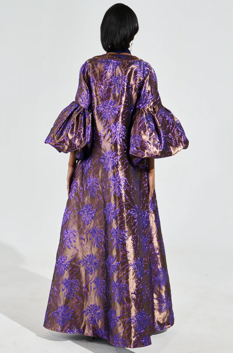 MALDIVES BROCADE PUFF SLEEVE DUSTER IN PURPLE - Image 5