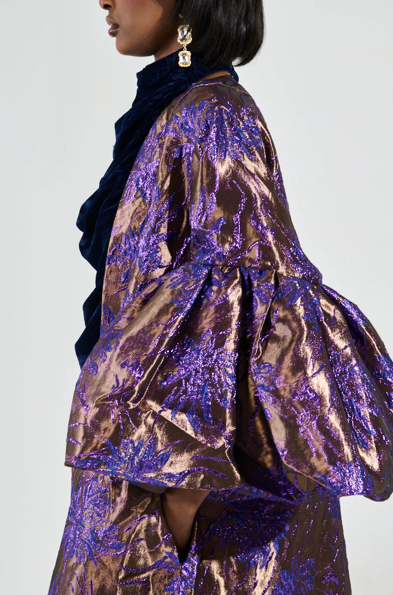 MALDIVES BROCADE PUFF SLEEVE DUSTER IN PURPLE - Image 6