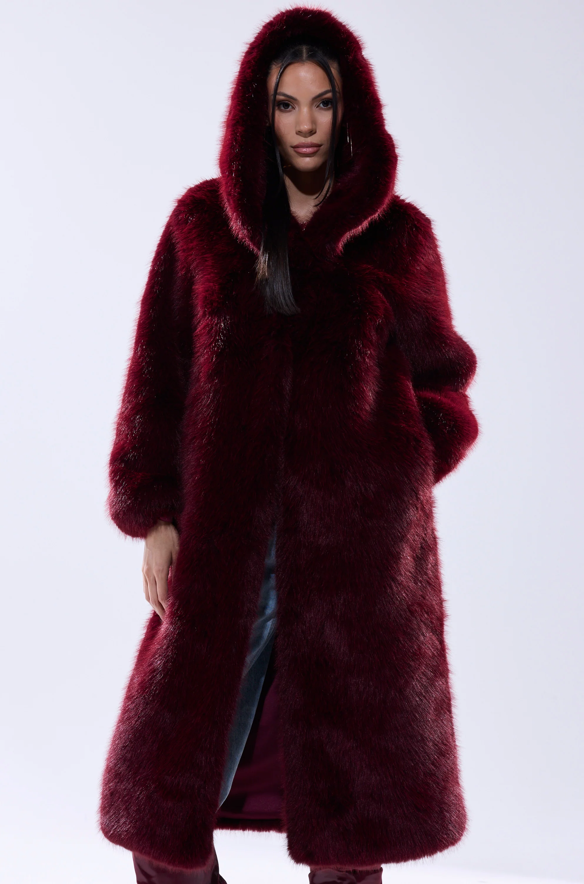 MANCHESTER HOODED FAUX FUR IN BURGUNDY - Image 2