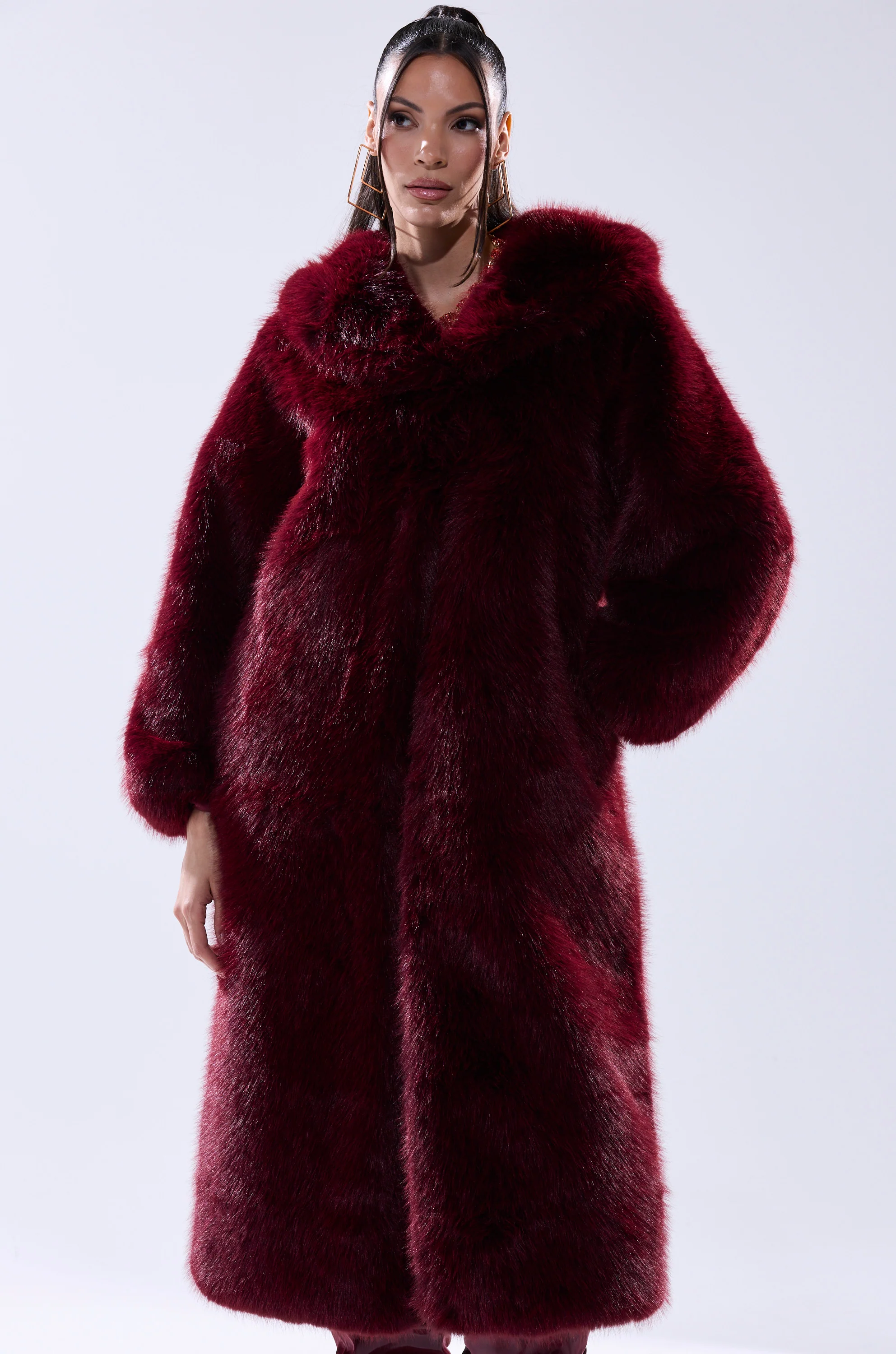 MANCHESTER HOODED FAUX FUR IN BURGUNDY - Image 3