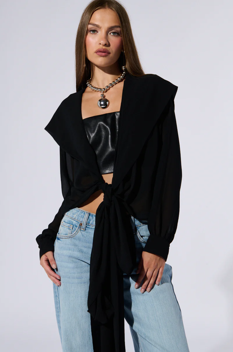 MARGO TIE FRONT BLOUSE WITH HOOD IN BLACK - Image 2
