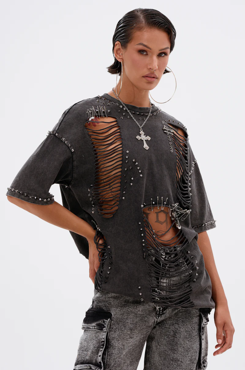 MARGOT DISTRESSED STUDDED SHORT SLEEVE TEE - Image 2