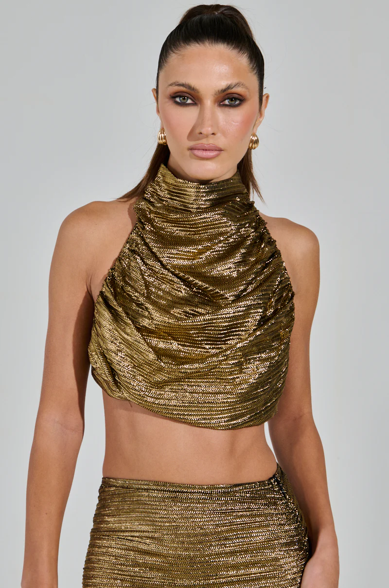 MIAMI NIGHTS HALTER NECK TIE TOP IN GOLD - Image 3